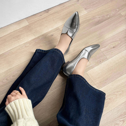 ラストワン2025SSBI:ポインテッドトゥ フラット 切替ドレスシューズ(154)シルバー/mamian(マミアン)