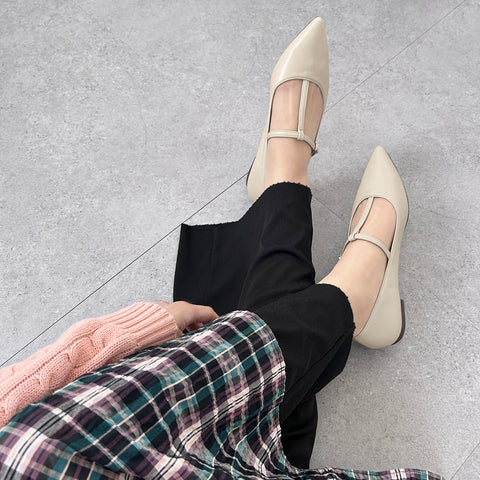 ラストワン15%OFF:Tストラップ フラットシューズ(4796)アイボリー/mamian(マミアン)