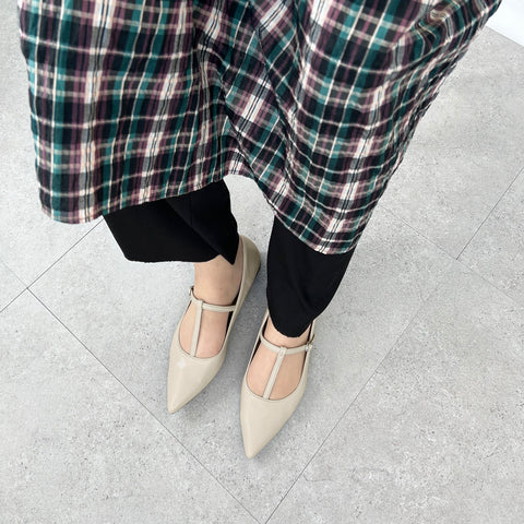 ラストワン15%OFF:Tストラップ フラットシューズ(4796)アイボリー/mamian(マミアン)