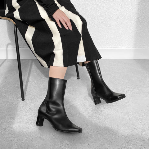 ラストワン60%OFF:ワイドスクエアトゥ ショートブーツ(5400)ブラック/mamian(マミアン)