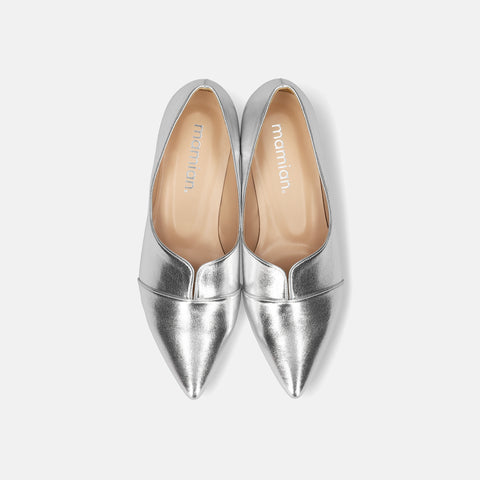 ラストワン2025SSBI:ポインテッドトゥ フラット 切替ドレスシューズ(154)シルバー/mamian(マミアン)