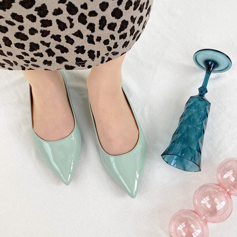 50%OFF：iCoN COLORS：ポインテッドトゥ エナメル フラットシューズ（C20141）SグリーンE/mamian（マミアン）